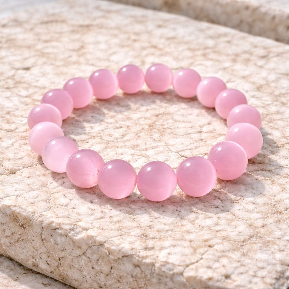Pink Cat's Eye Gemstone 10mm Beaded Stretch Bracelet Natural Crystal Jewelry